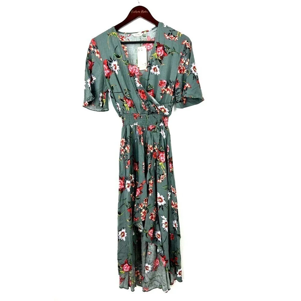 New KorMei Women M Maxi Dress Blue V Neck Short Sleeve Floral High Low Flowy R - Picture 3 of 13